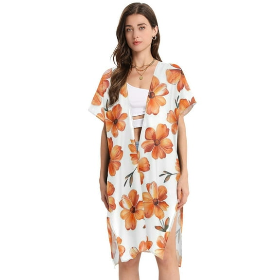 Red Flowers Women Swimsuit Cover up V Neck Beach Dress Short Sleeve Vacation Outfits Swimwear