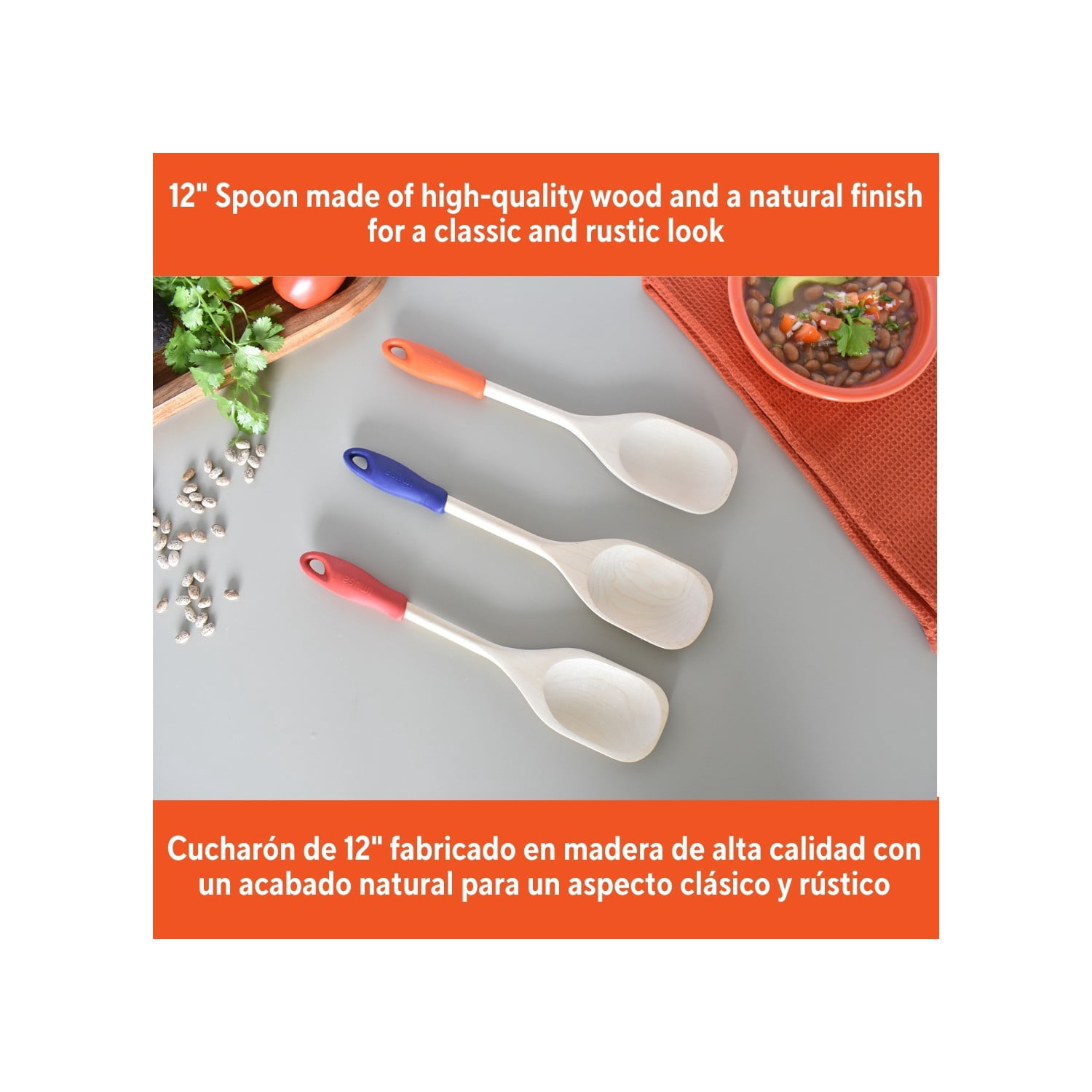 (2 pack) IMUSA  12in Wood Spoon with Silicone Grip, Small