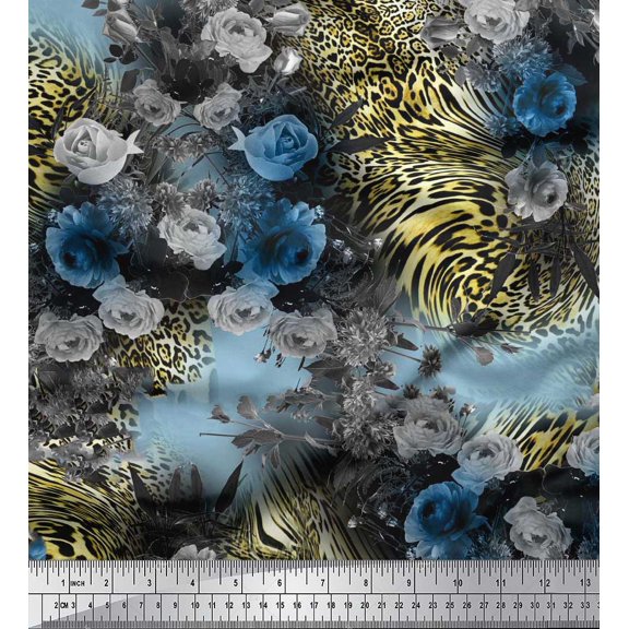 Soimoi Cotton Poplin Fabric Leopard Skin,Dahlia & Rose Flower Print Fabric by The Yard 42 Inch Wide