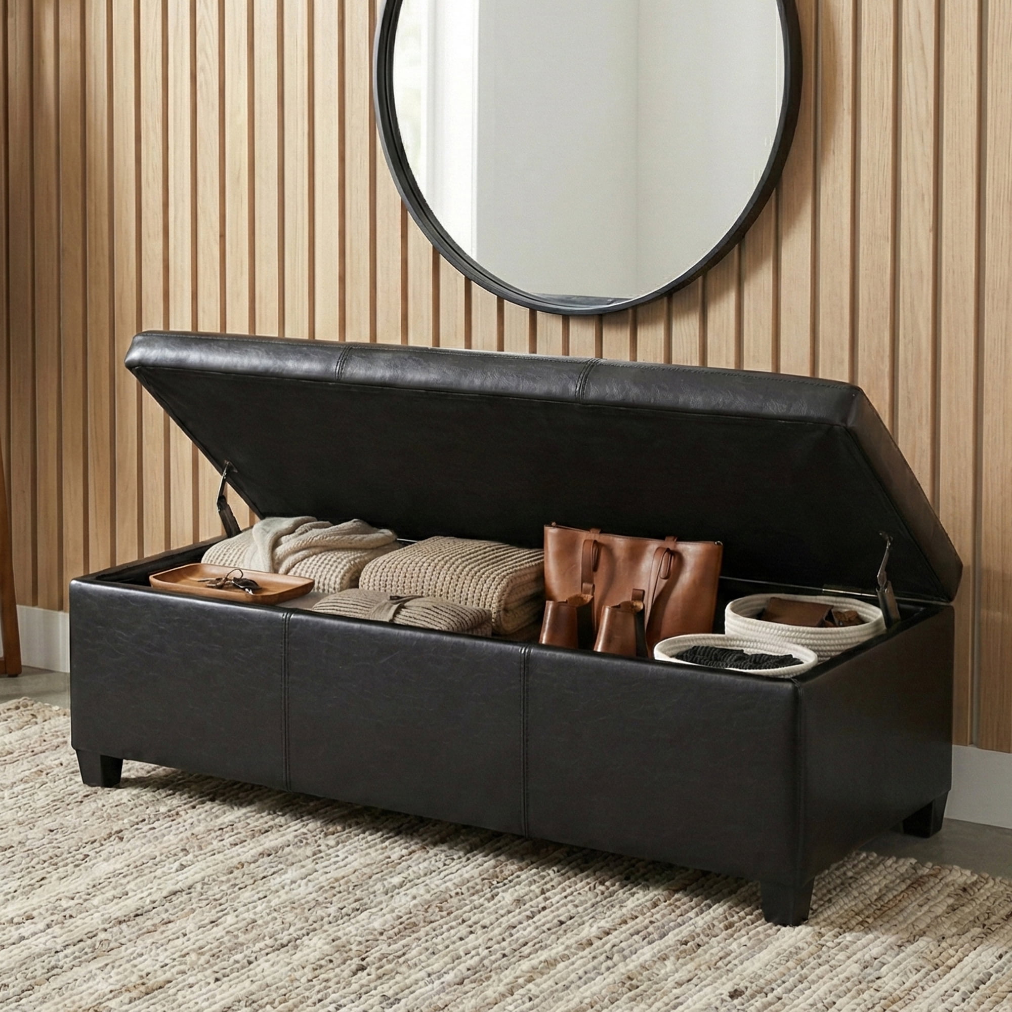 Avalon 48 inch Wide Contemporary Storage Ottoman Bench in Midnight Black Vegan Leather
