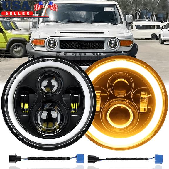 Pair For FJ Cruiser 2007-2014 7'' Inch Round LED Headlights Hi/Lo Beam Halo DRL