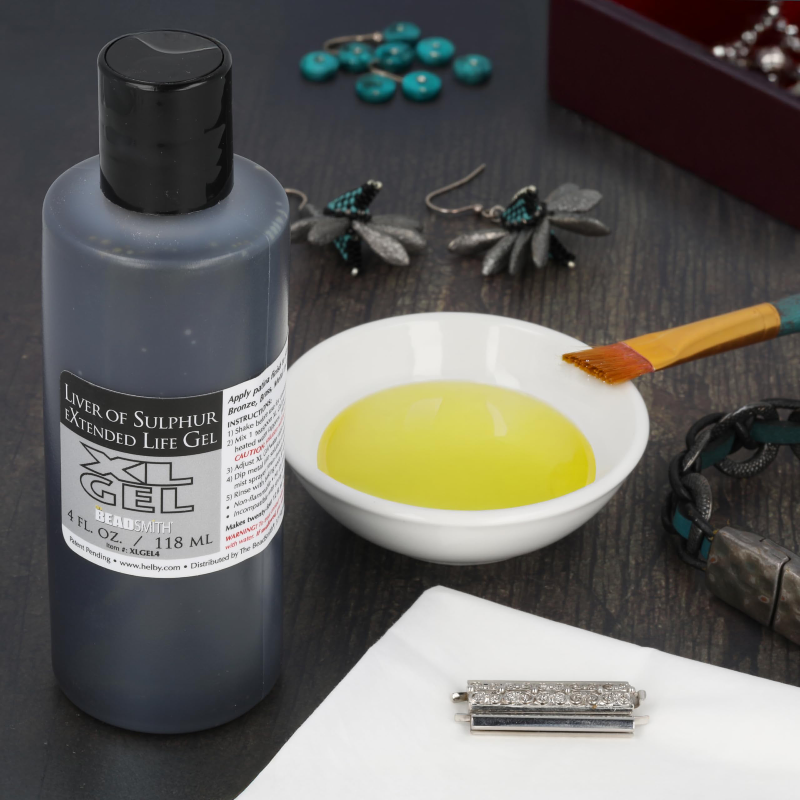 The Beadsmith XL Gel Liver of Sulfur Extended Life Gel 4 Fluid Ounces (118ml) Bottle Apply a Patina Finish to Silver Copper and Other Metal for Oxidized Look on Art and Jewelry Projects