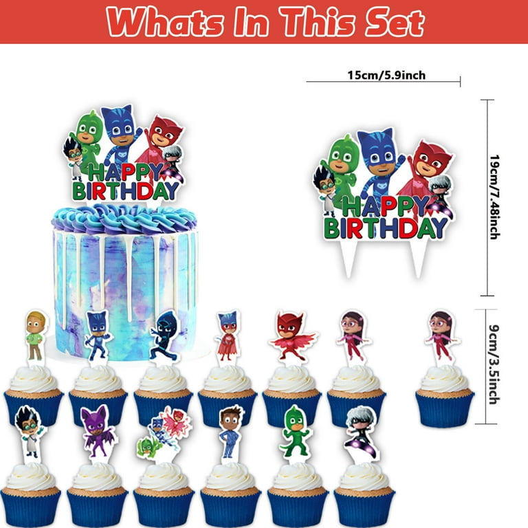 32 Pcs For PJ Masks Party Decoration Set – Includes Backdrop, 18 Balloons, and 13 Cupcake Toppers for Themed Celebrations