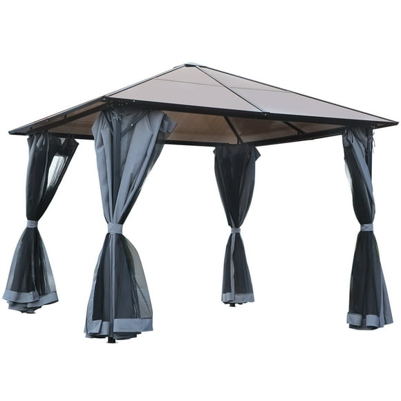 Outsunny 9.8' x 9.8' Patio Gazebo Aluminum Framed Polycarbonate Roof Hardtop Garden Canopy Party Tent Marquee Outdoor Shelter with Mesh Curtains & Side Walls - Grey