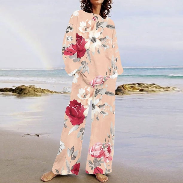 Puntoco Traje De Pantalón Y top Con Cuello Redondo Y Manga Larga Estampado Informal De Verano Para Mujer Caqui S