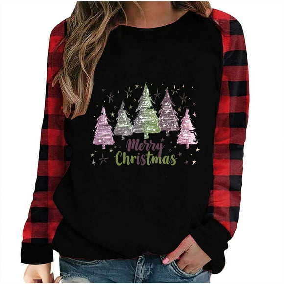 lcziwo Womens Christmas Sweat Shirt Xmas Tree Print Trendy Crew Neck Sweatshirt Plus Size Casual Pullover Trendy Long Sleeve Pullovers Red,S