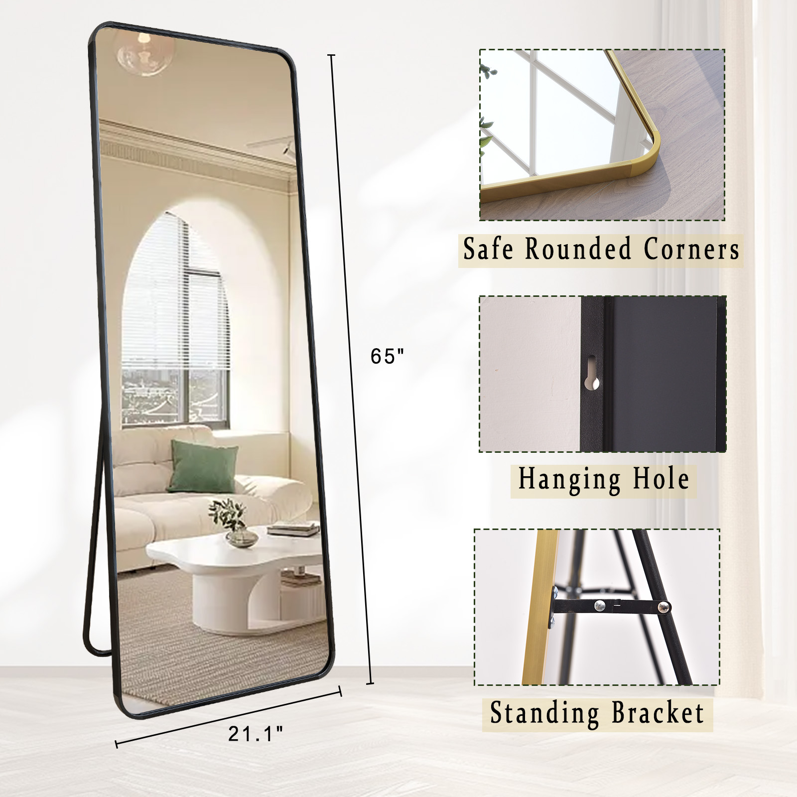 BEAUTYPEAK 21x64 Full Length Mirror Rectangle Safe Standing Floor Mirror,Gold - image 4 of 6