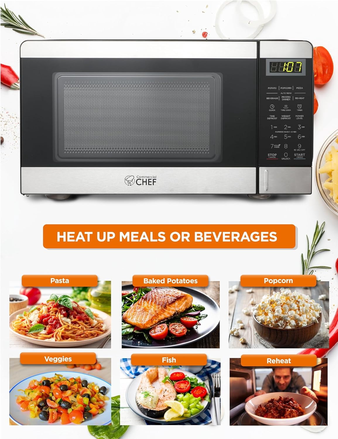 Commercial Chef CHM770SS Countertop Microwave Oven, 0.7 Cubic feet, Stainless Steel, Condition: New