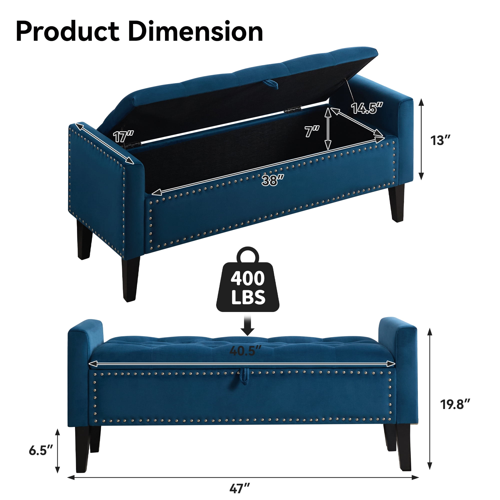 Velvet Storage Bench, Upholstered Bed Bench with Storage, End of Bed Ottoman with Wooden Legs,Bedside Storage Bench for Bedroom, Living Room, or Entryway, Blue