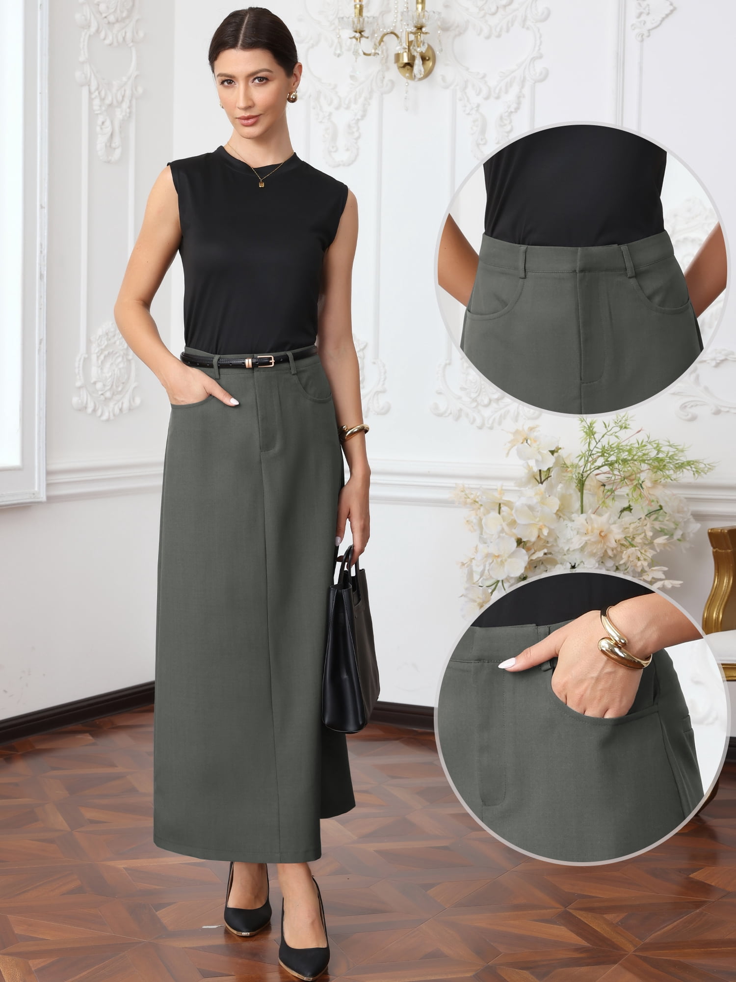 DARING DIVA Women's Pencil Long Skirt High Waist Pockets Midi Skirts X-Large Grey