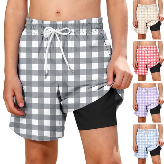 Guluxicc Boys Swim Trunks with Compression Plaid Kids Printed Beach Shorts Summer Quick Dry Bathing Suit Swimsuit with Pockets