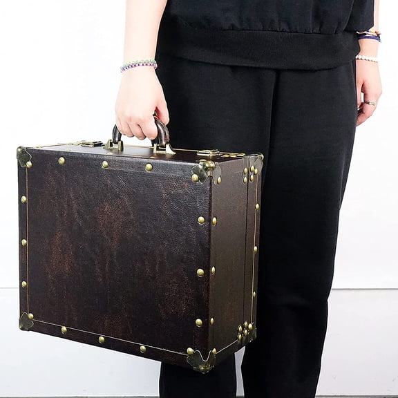 Large Wooden Decorative Storage Trunk - Wood Leather Treasure Chest Box Vintage Suitcase