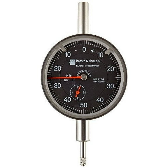 Brown & Sharpe 14.82023 Dial Indicator, 4.0-48 Thread, 0.374" Stem Dia., Central Lug Back, Black Dial, 0-100 Reading, 2.25" Dial Dia., 0-1" Range, 0.001" Graduation,  /-0.001" Accuracy