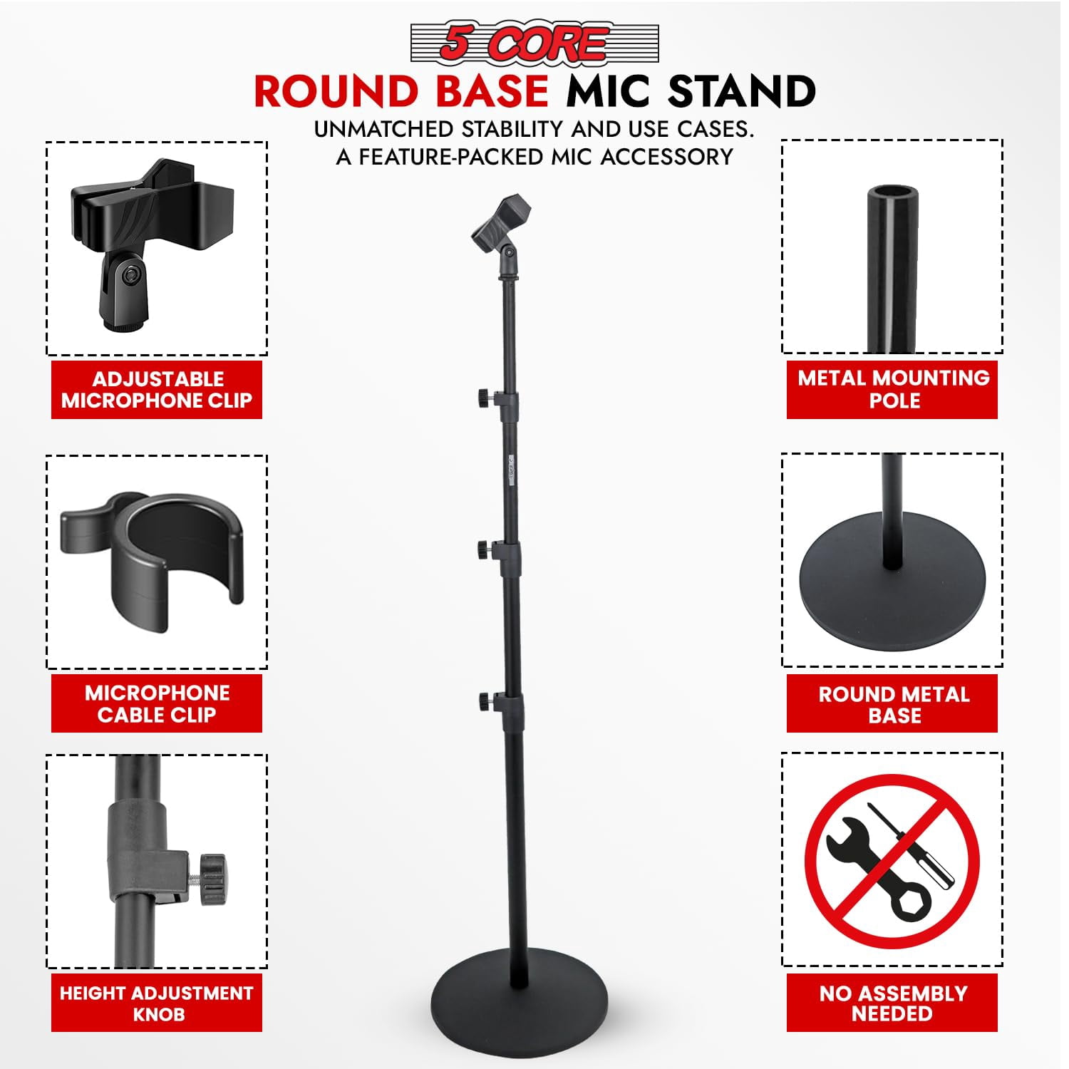 5 Core Mic Stand Pair Adjustable 67" Microphone Stands Floor Standing Design 3 Tier w Detachable Boom Mic Arm Round Base Includes Microfono Clips - MS RBL 3T 2PCS