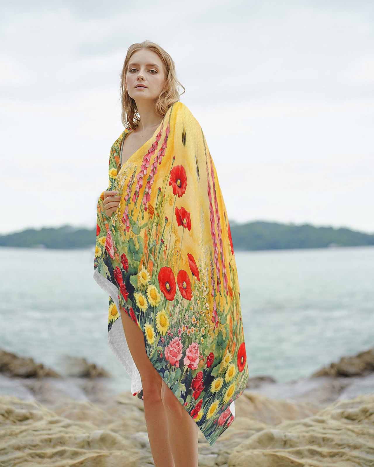 Poppy Botanical Beach Towels Oversized Super Absorbent, Vintage Floral Yellow Ombre Lightweight Bath Towel Quick Dry Sets For Bathroom/Pool/Rv Camping/Beach Play/Gym Room/Picnic 23"x47"
