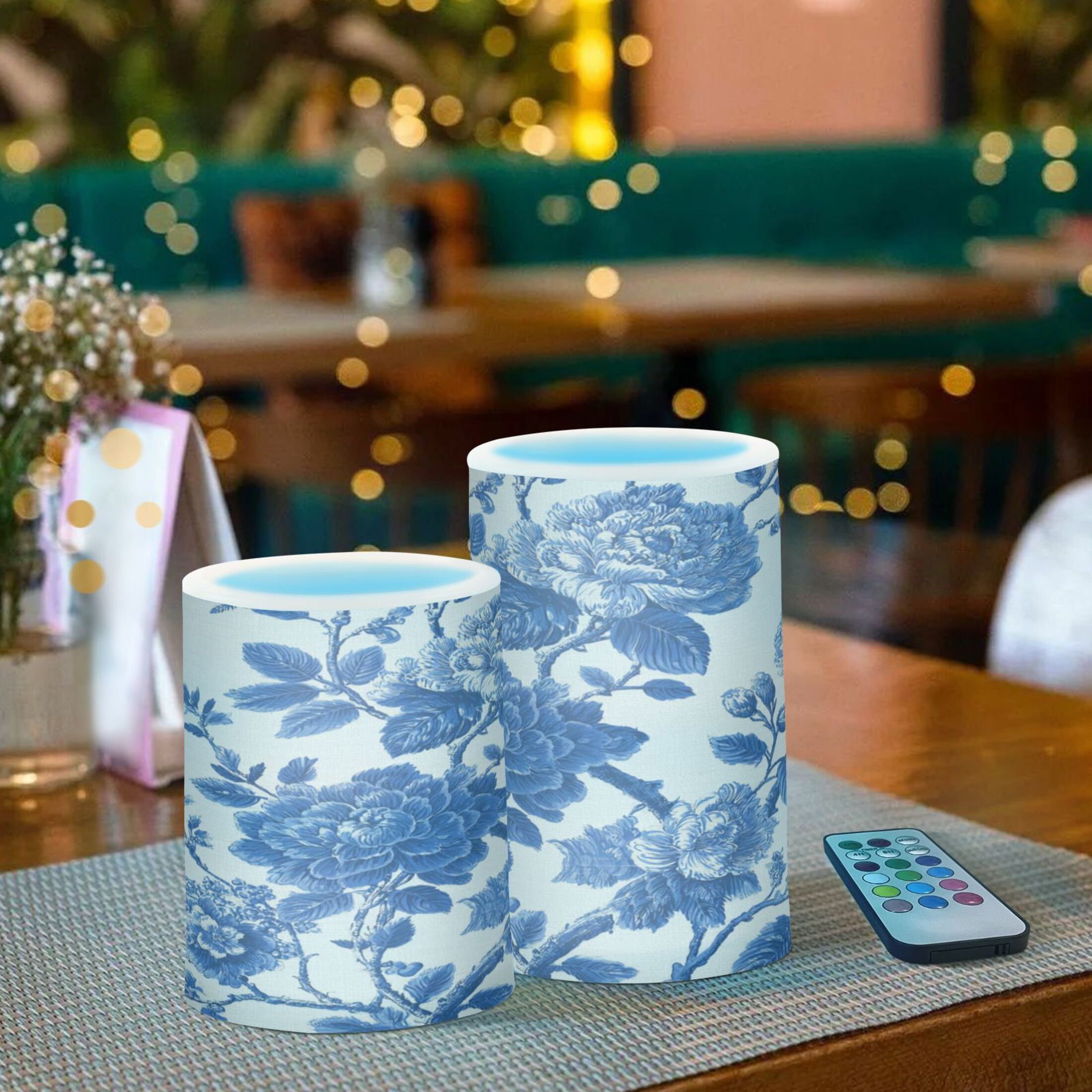 2 PCS Flameless Candles with Remote Timer LED Battery Operated Flickering Candle Light for Wedding Table Home Decoration Gifts Blue Floral