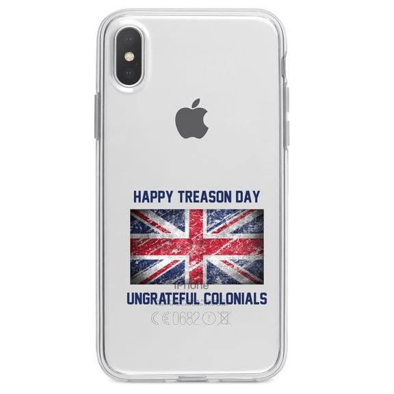 DistinctInk Clear Shockproof Hybrid Case for iPhone XR (6.1" Screen) - TPU Bumper Acrylic Back Tempered Glass Screen Protector - Happy Treason Day Ungrateful Colonials