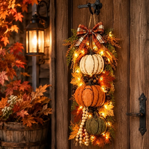 Light‑Up Fall Pumpkin Door Hanger with Remote Control, Artificial Maple Leaf Plaid Bow Berry Hanging Ornament, Halloween Thanksgiving Front Door Porch Entryway Wall Home Decoration