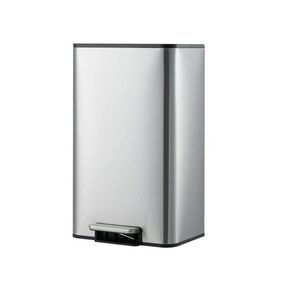 Stainless Steel Trash Can, Rectangular Garbage Bin with Soft-Close Lid, Foot Pedal & Removable Inner Bucket,Space-Saving Waste Bin for Kitchen, Bathroom, Office