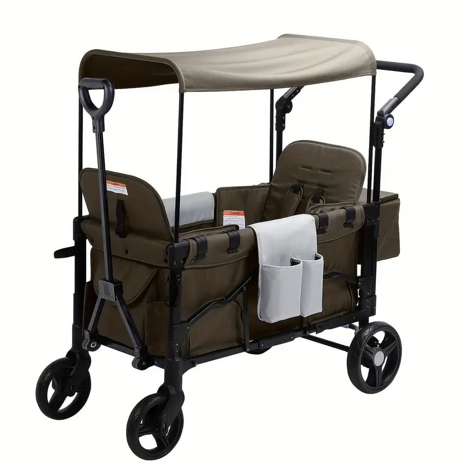 Loewten Wagon Stroller for 2 Kids, 3-in-1 Wagon Stroller with Canopy, Adjustable Handlebars, Removable Seat, Multiple Pockets and Cup Holder for Toddlers Brown