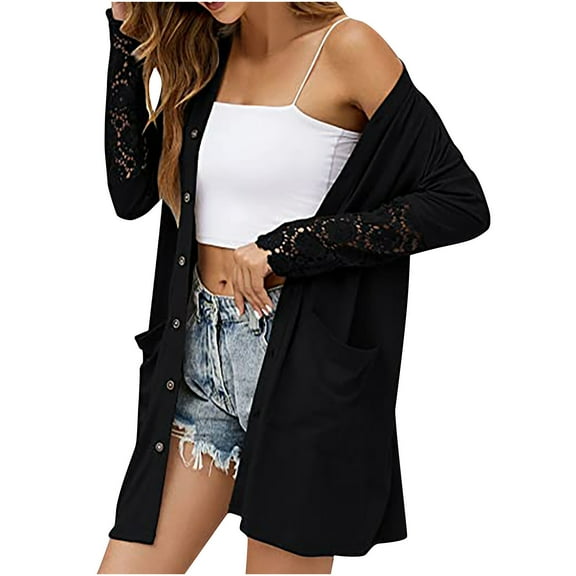Fesfesfes Women Cardigan Women Fall Winter Solid Lace Splicing Long Sleeves Medium And Long Cardigan Tops On Sale