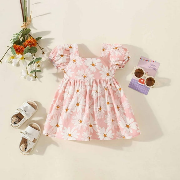 Edvintorg Flower Girl Dress 6Months-3Years Toddler Baby Girl Summer Dresses Cute Daisy Round Neck Bubble Sleeve Bow Short Sleeve Dress