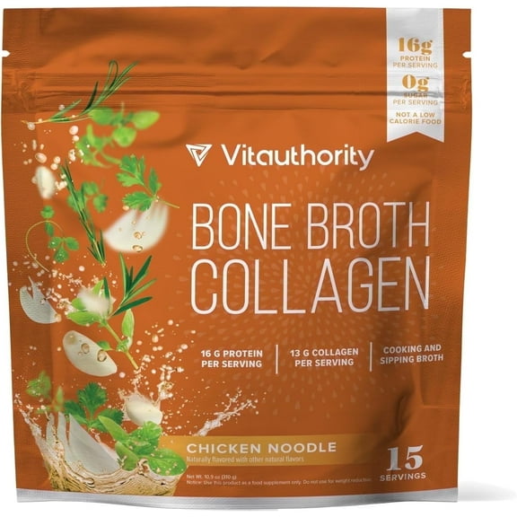 Vitauthority Bone Broth Bovine Collagen Powder with 16g Protein, Chicken Noodle Flavor, 15 Servings