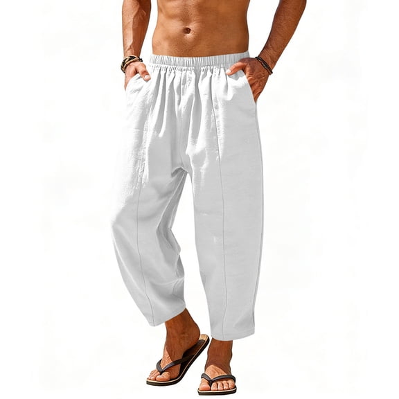 hotojiny Men's Cotton Linen Harem Pants Lightweight Loose Beach Yoga Pants Elastic Waist Casual Cropped Trousers with Pockets M-3XL