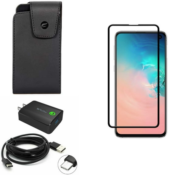 Galaxy S10e Home Charger w Screen Protector w Case Belt Clip - 18W Fast 6ft USB Cable Type-C, Tempered Glass 5D Curved Edge, Leather Swivel Holster for Samsung Galaxy S10e Phone