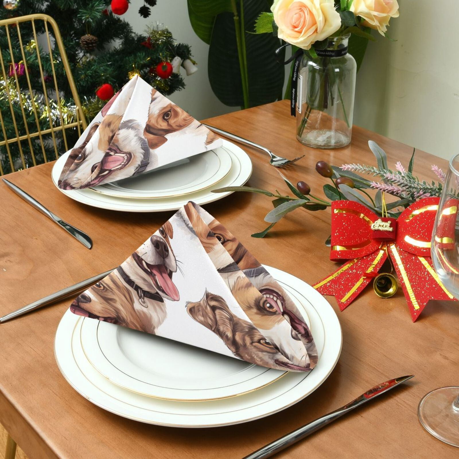 JSTEL Dog Print Hand Drawn Cloth Napkins Set of 6, 20x20 Inch Washable and Reusable Napkin for Decoupage Dinner Party Everyday Use