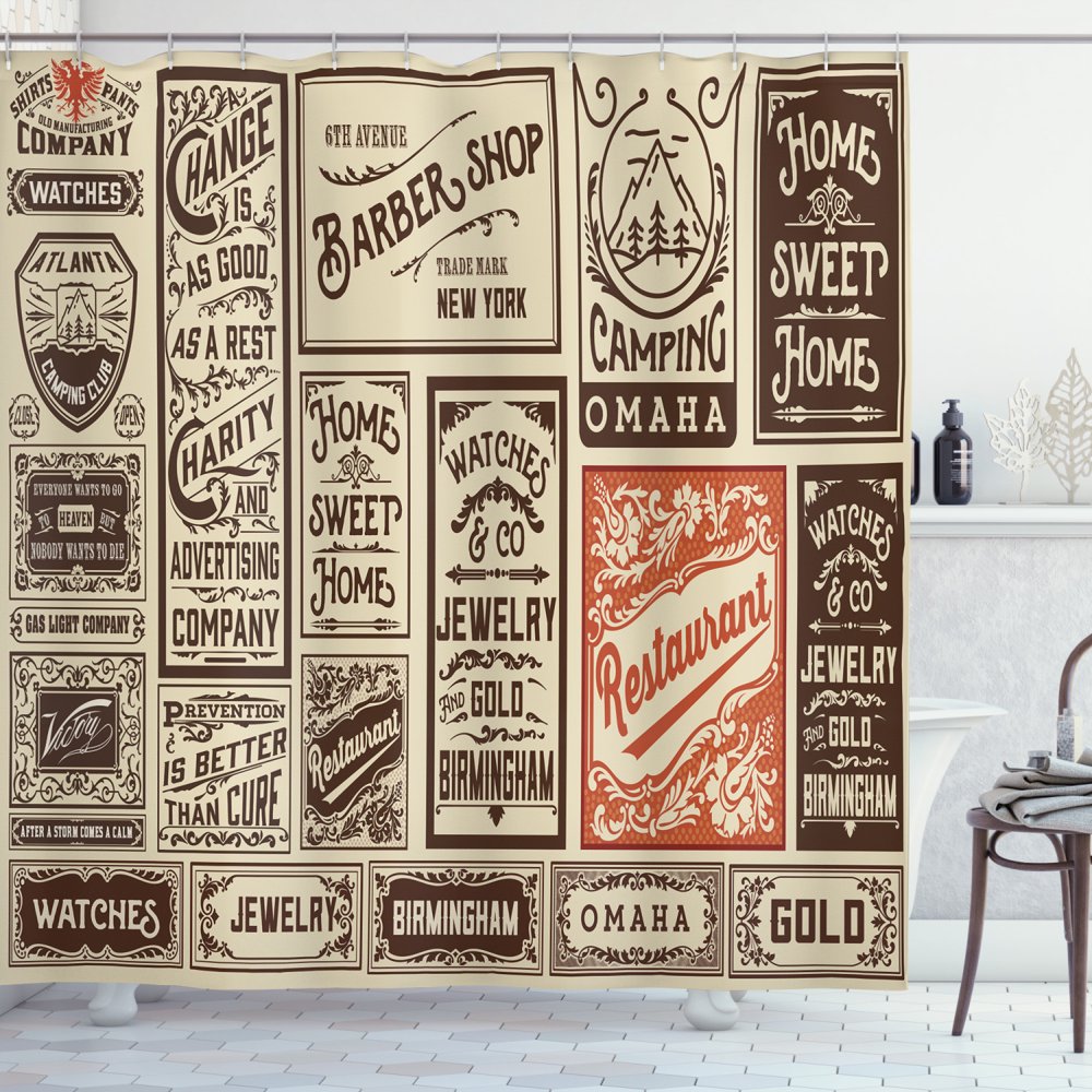 Antique Shower Curtain, Composition of Old Advertisement Designs