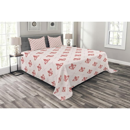 Coral Bedspread Set Checkered Pattern With Ancient Symbol Of