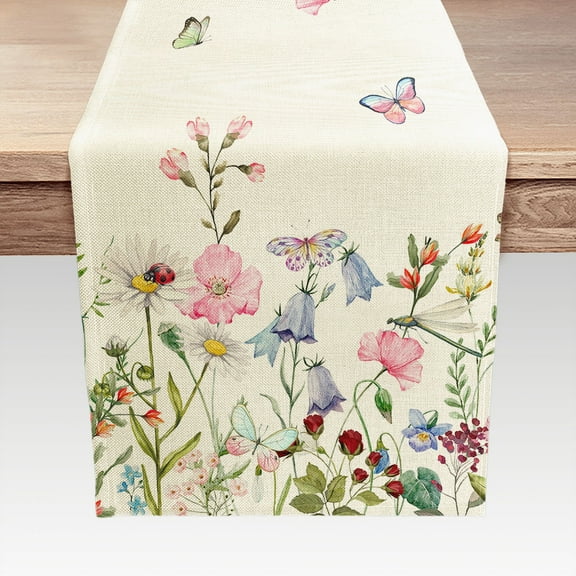 Flower Floral Table Runner, Butterfly Wildflowers Spring Summer Table Runner, Farmhouse Rustic Holiday Kitchen Dining Table Decoration for Indoor Outdoor Home Party Decor 13x72Inch
