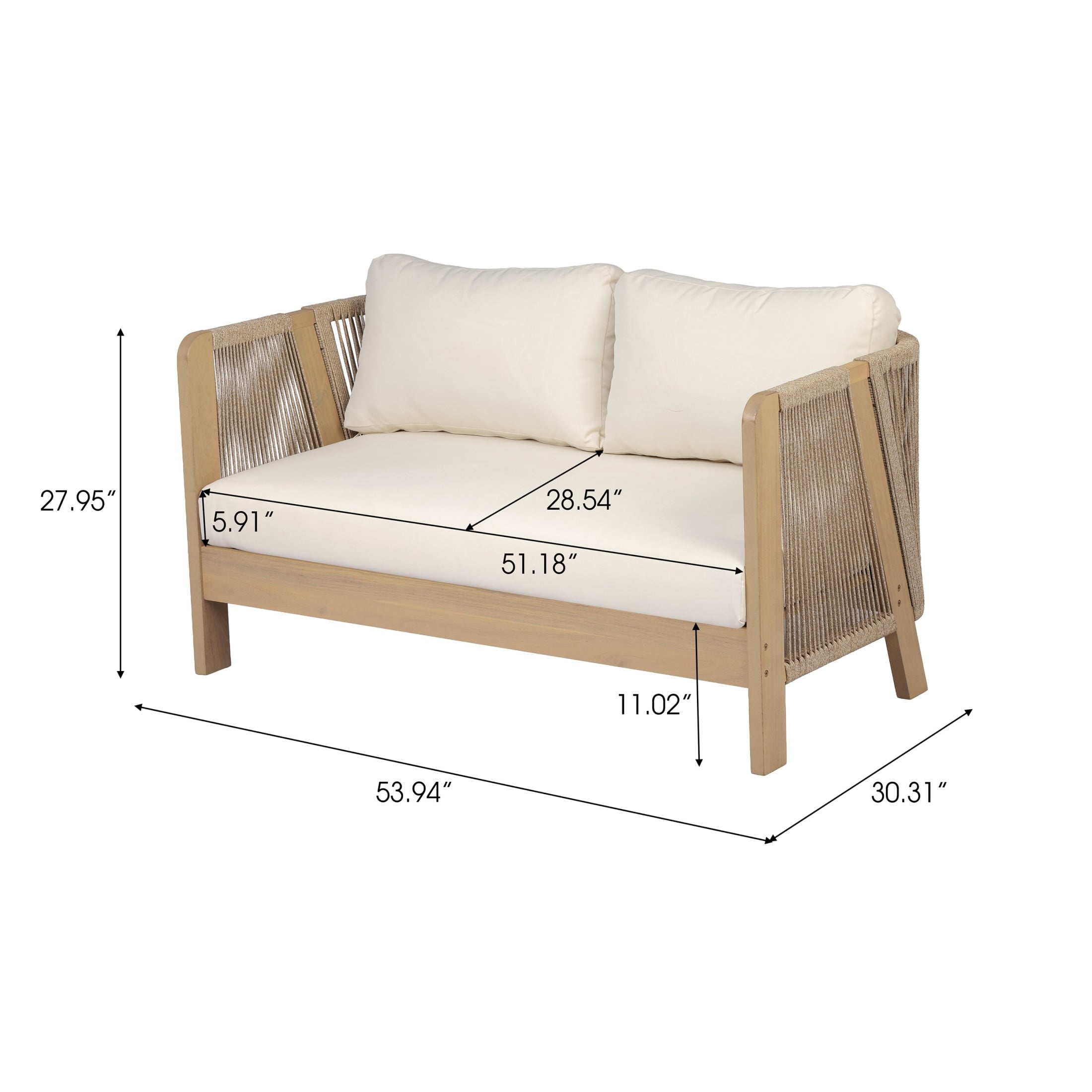 Christopher Knight Home 54" Acacia Wood Outdoor Loveseat, Rope Armrests, Thick Cushions, Light Teak+Cream