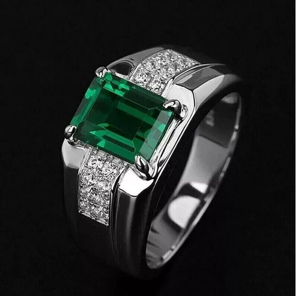 3Ct Emerald Cut Lab-Created Emerald Men's Wedding Ring 14k White Gold Plated