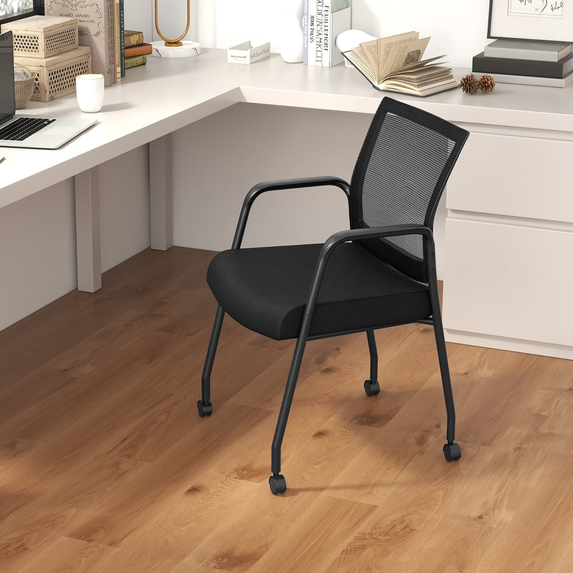 Gymax 2 Pcs Office Guest Chairs on Wheels w/ Metal Frame & Armrests Mesh Back Office