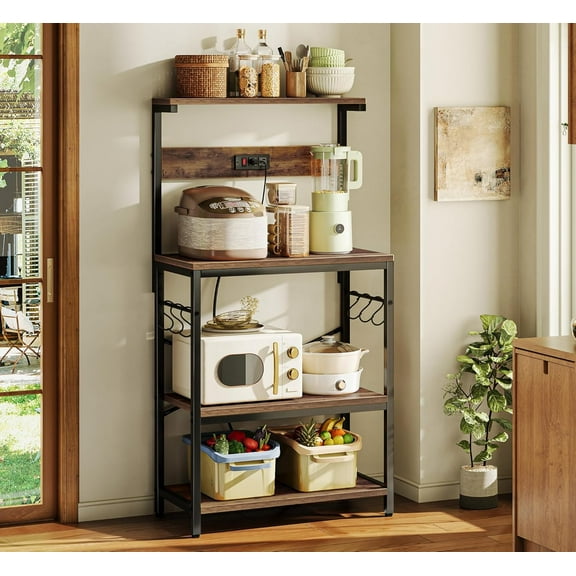 Kitchen Bakers Rack with Power Outlet, Coffee Table, 4 Tiers, Storage Shelf Rack for Spices, Pots and Pans - Rustic Brown