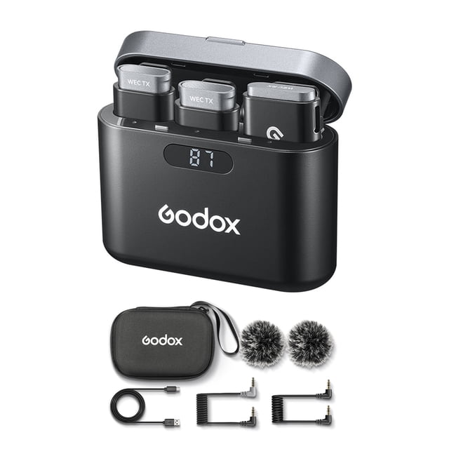 Godox WEC Kit2 Dual-Transmitter Wireless Microphone System with 2.4G Connectivity, 200M Range, Intelligent Noise Cancellation, 8H Battery Life & Charging Case – 3.5mm Interface for Smartphones,
