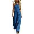 thumbnail image 2 of Women's Linen Jumpsuit, V-Neck Front Clasp Sleeveless, Breathable One-Piece Pants For Spring & Summer Vacation Blue L, 2 of 4