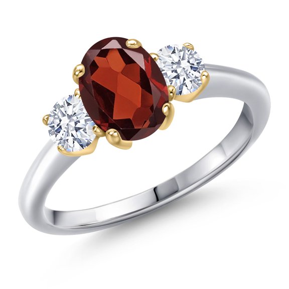 Gem Stone King 925 Silver and 10K Yellow Gold Red Garnet and White Zirconia Engagement Ring for Women | 2.00 Cttw | Oval 8X6MM | Gemstone January Birthstone | Size 5