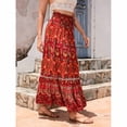 thumbnail image 5 of Qiopertar Women's High Waisted Maxi Skirt Bohemian Beach Vacation Tiered Midi Skirt with Elastic Drawstring Waist Flowy Vintage Paisley Print Casual Festival Skirt, Red M, 5 of 7