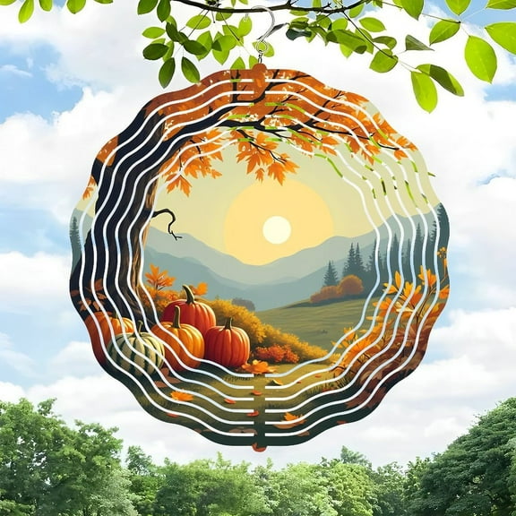 3D Metal Hanging Wind Spinners - Autumn Leaves & Pumpkins Design - Unique Yard & Garden Wind Chimes for Serene Outdoor Decor