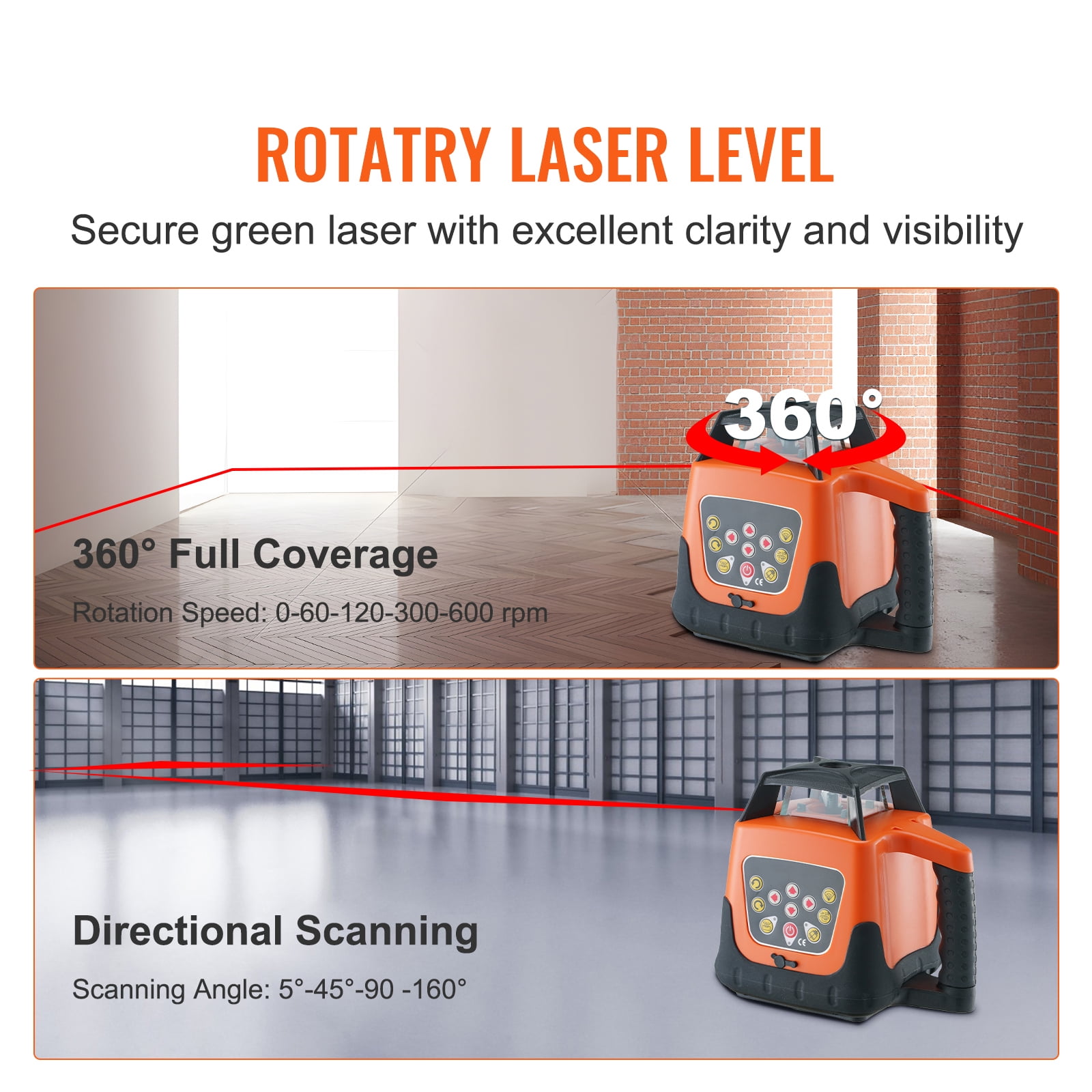 KFFKFF Laser Level, 1650ft Range, 360° Self-Leveling Red Cross Line, Adjustable 5 Speeds & 4 Scan Angles, IP66 Water-Resistant, Remote & Manual Modes, Includes Battery
