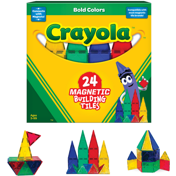 CreateOn Crayola Bold Magnetic Tiles, Building Set for Kids, Magnetic Tiles, Magnetic Kids’ Building Toys, STEM Toys for Boys and Girls Ages 3 , 24-Piece Set (Bold)