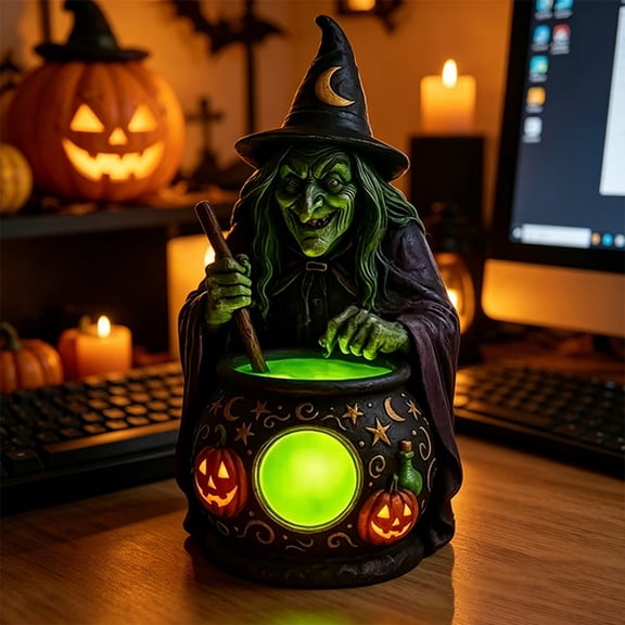 Witch Halloween Decor - Halloween Witch Lamp with Lighting Cauldron,Resin Scary Witch Figure Ornament for Living Room Fireplace Foyer Display Area Instantly Fill The Halloween Atmosphere