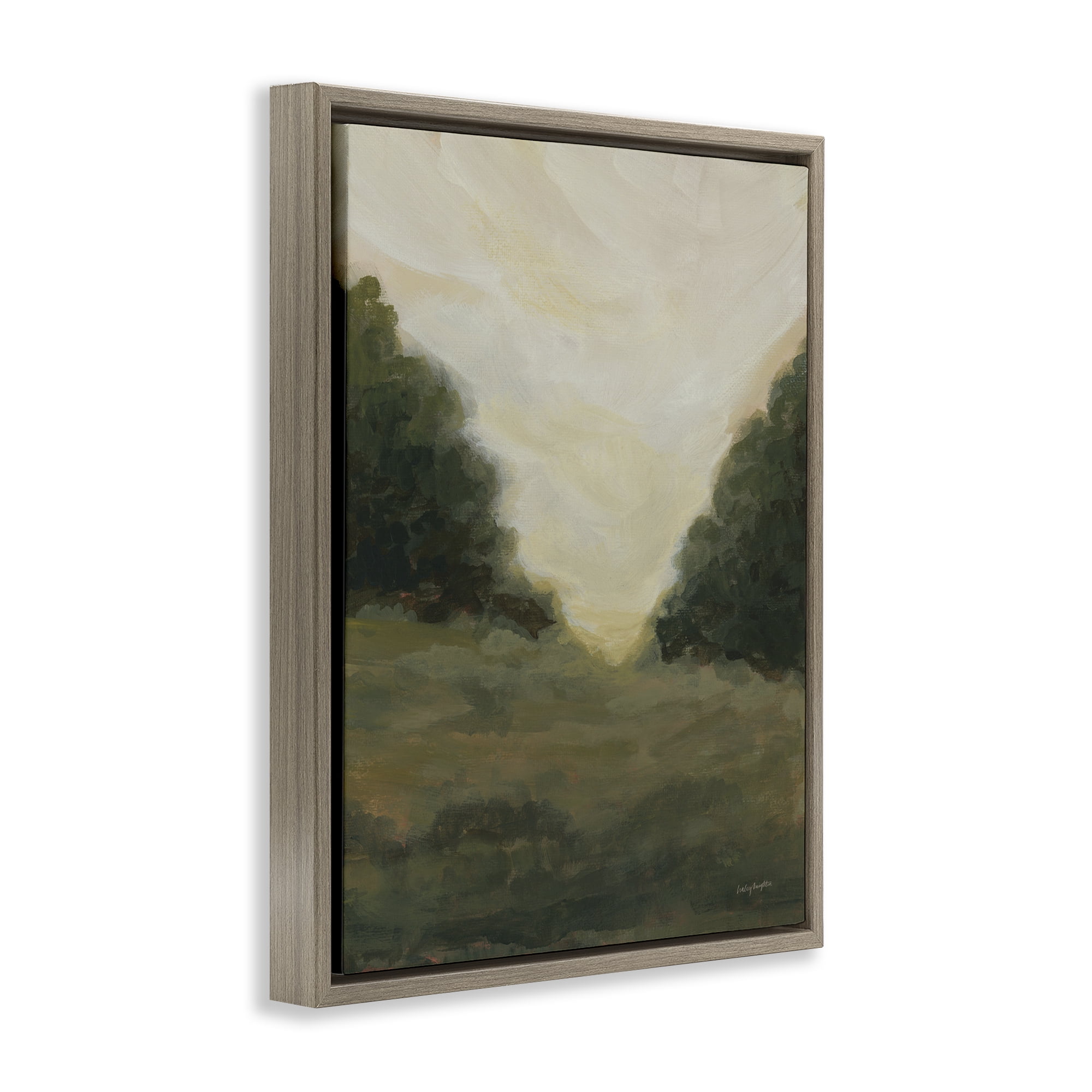 Stupell Industries Serene Green Field View Landscape Painting Brown Floater Framed Art Print Wall Art, 17 x 21