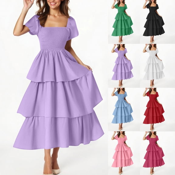 TAGOLD Womens Short Sleeve Neck Dress Solid Color Tiered Cake Elegant Summer Fashion Outfit