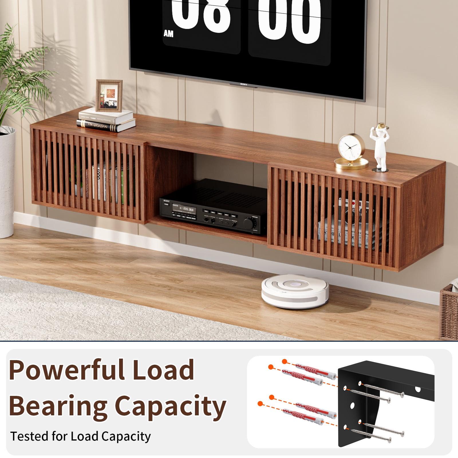 Hommpa Floating TV Stand for 65/75/80 inch TV, Mid Century Modern Wall Mounted TV Console with Storage Shelf & 2 Slatted Doors, Media Console Entertainment Center for Living Room, Bedroom,Walnut