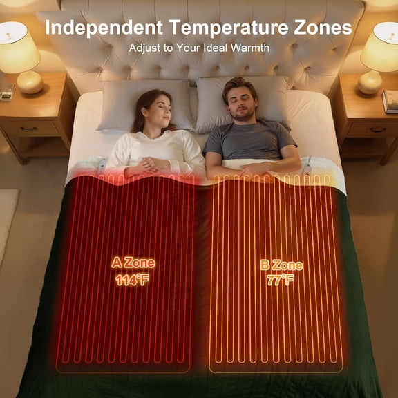 Heating Blanket Queen Size Washable - 84 x 90 Inch Double Zone Electric Blanket with 10 Hours Auto Off, 5 Heat Settings, Soft Flannel Sherpa Heated Blanket for Bed, ETL Certified, Green