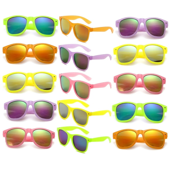 Gafas de sol neon estilo 80s Fsmiling UV400 con lentes espejo - Paquete de 15